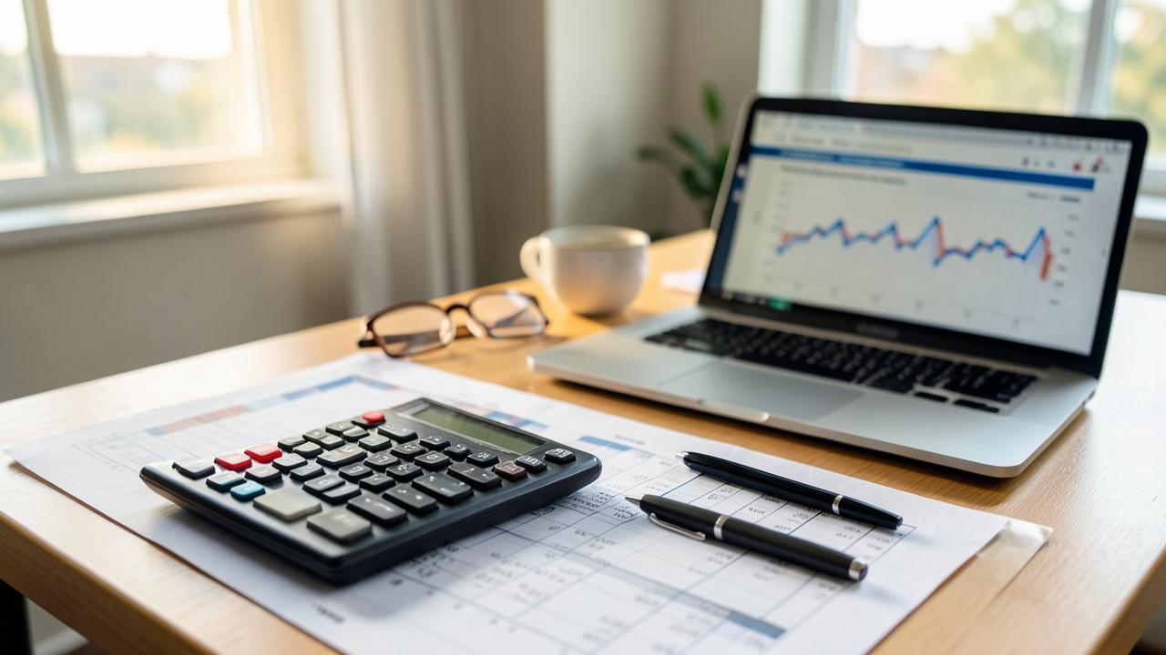 Mesa de escritório contábil com calculadora, relatórios financeiros impressos e notebook exibindo gráficos